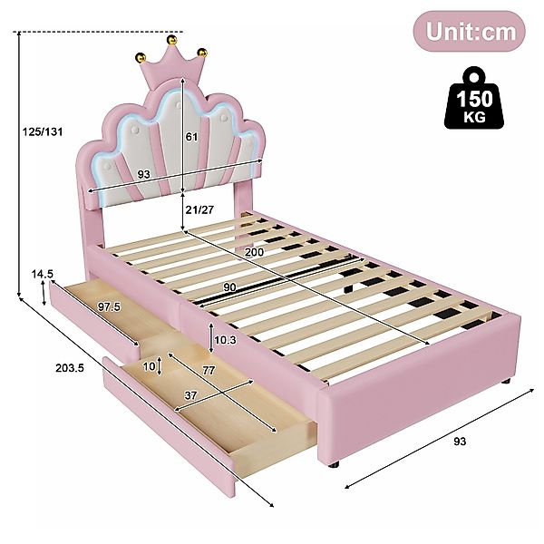 TavilaEcon Kinderbett Polsterbett Prinzessinnenbett mit Kronenform, Weiß/Ro günstig online kaufen