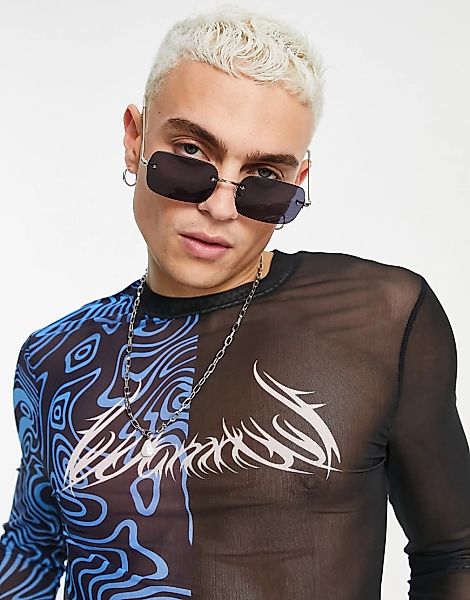 ASOS DESIGN – Enges, langärmliges Shirt aus Netzstoff mit Farbblock-Design günstig online kaufen