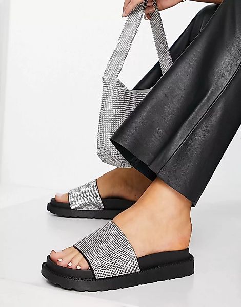 Schuh – Tessa – Slider-Sandalen in Schwarz und Silber mit dicker Sohle und günstig online kaufen