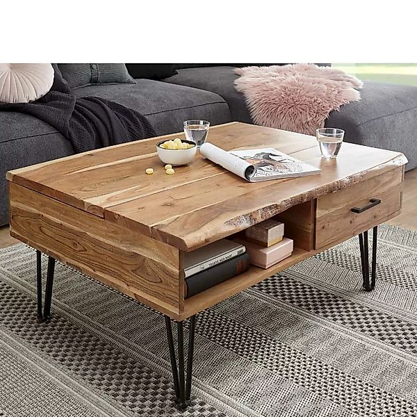 Wohnzimmertisch aus Akazie Massivholz und Metall hochklappbarer Tischplatte günstig online kaufen