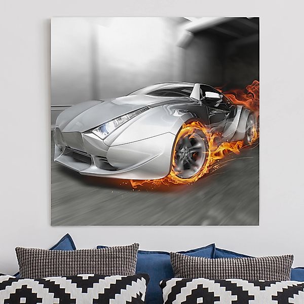 Leinwandbild - Quadrat Supercar in Flammen günstig online kaufen