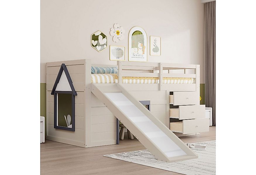 Flieks Hochbett Hausform Kinderbett 90x200cm mit 3 Schubladen, Leiter und R günstig online kaufen