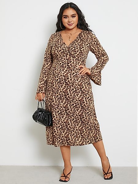 YOINS Plus Größe V-Ausschnitt Leopard Wrap Design lange Ärmel Kleid günstig online kaufen