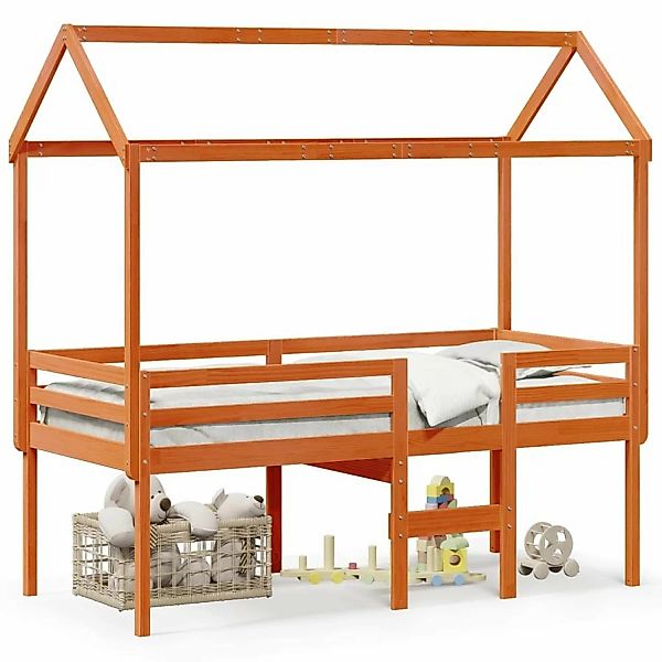 vidaXL Bett, Hochbett mit Dach Wachsbraun 75x190 cm Massivholz Kiefer günstig online kaufen