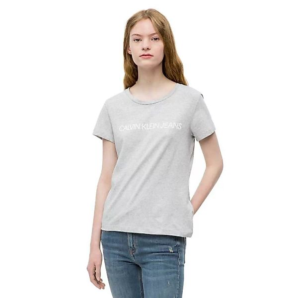 Calvin Klein Jeans – Schmal geschnittenes T-Shirt mit Logo-Schriftzug-Grau günstig online kaufen