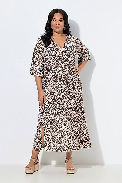 Ulla Popken Jerseykleid Maxikleid Leomuster V-Ausschnitt 3/4-Kimonoärmel günstig online kaufen