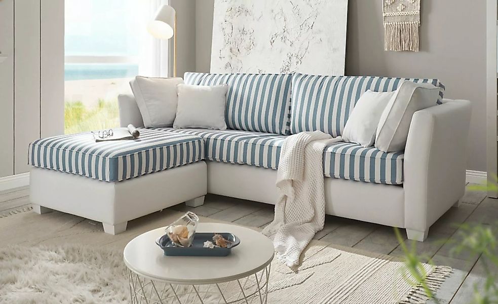 Furn.Design Sofa Hooge, 3-Sitzer in cremeweiß mit blau Landhaus, mit Bonell günstig online kaufen
