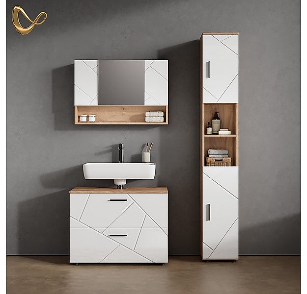 Livinity® Hochschrank Ronco, Weiß Hochglanz/Goldkraft Eiche/Weiß Hochglanz, günstig online kaufen