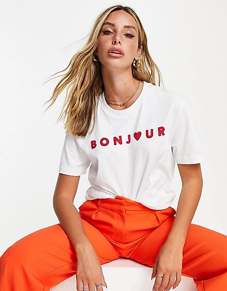 French Connection – T-Shirt in Weiß mit „Bonjour“-Textprint und Logo günstig online kaufen