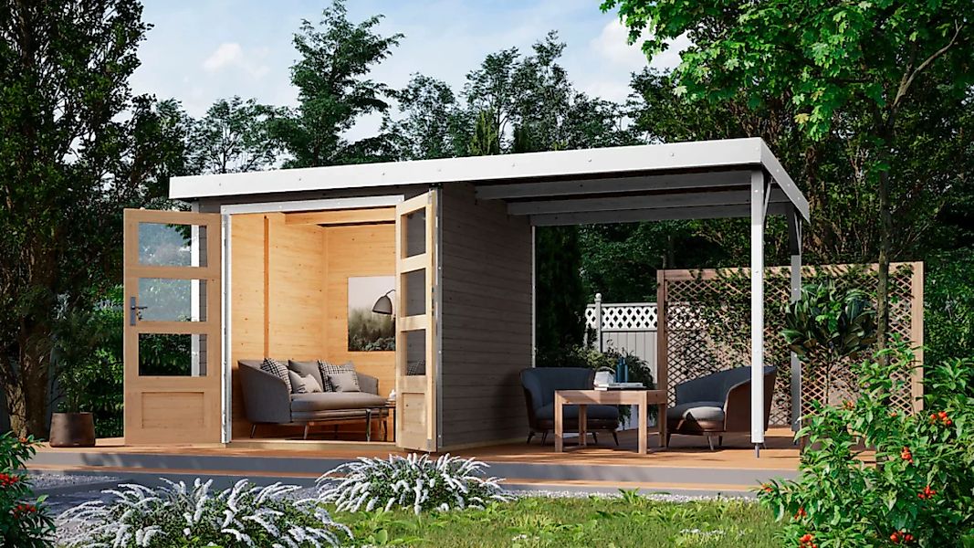 Karibu Gartenhaus ""Jupiter B SET"", terragrau/weiß, mit Anbaudach günstig online kaufen