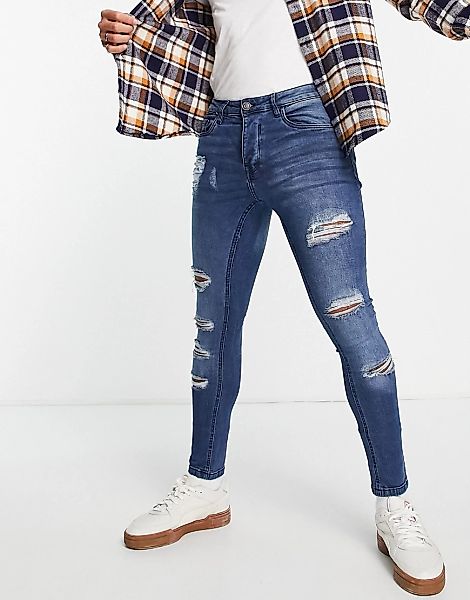 Brave Soul – Jeans mit engem Schnitt und extremen Zierrissen in Mittelblau günstig online kaufen