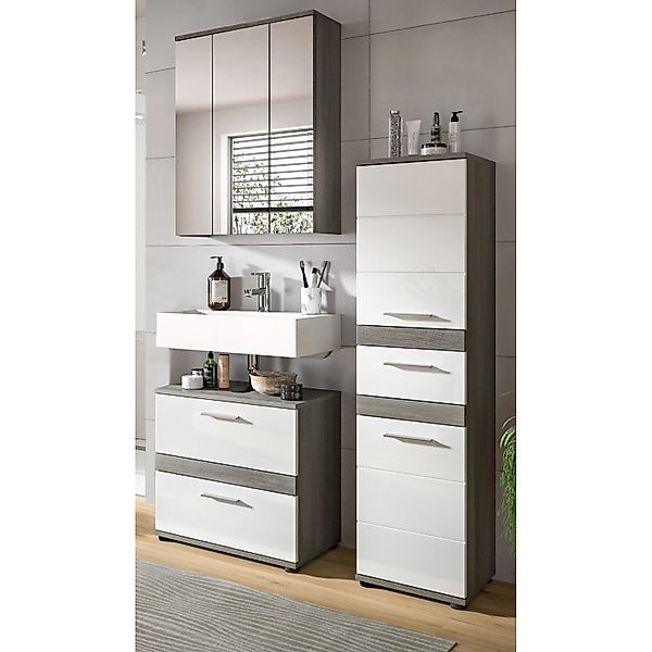Inn.Furn Badmöbel-Set Weiß Hochglanz Grau 3-teilig 110 cm Bailey günstig online kaufen