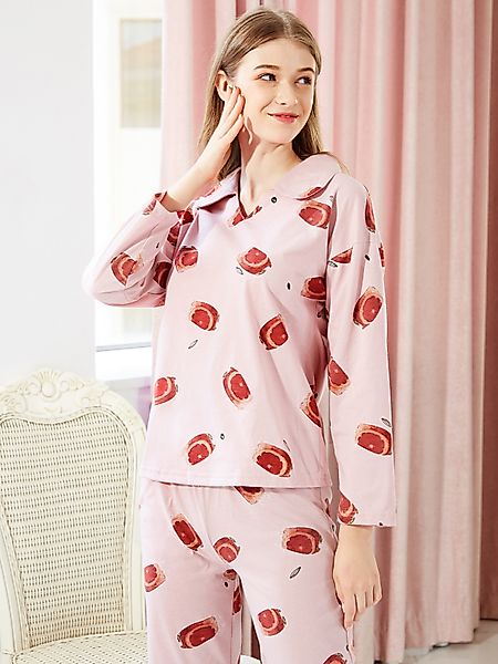 Rosa Seitentaschen Obstdruck Reverskragen Langarm Pyjama Set günstig online kaufen