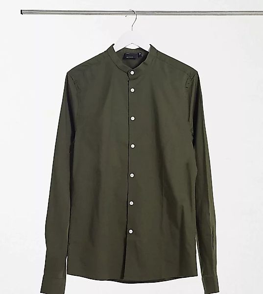 ASOS DESIGN Tall – Enges Hemd mit Grandad-Kragen in Khaki-Grün günstig online kaufen