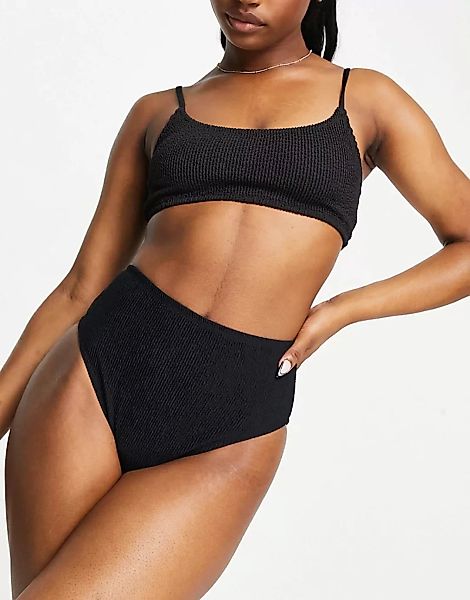 New Look – Strukturiertes Bikiniunterteil mit hohem Bund in Schwarz günstig online kaufen