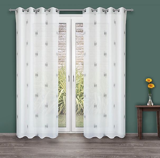 decolife Gardine "Toja" Ösen 1 Stk. tlg. Ösenschal weiß mit grauem Print günstig online kaufen