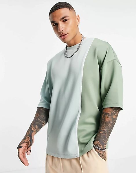 ASOS DESIGN – Oversize-T-Shirt aus Neopren in Salbeigrün mit Farbblockdesig günstig online kaufen