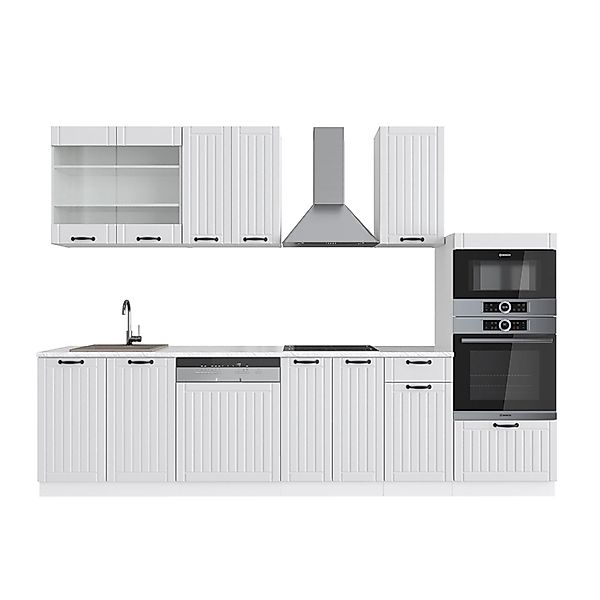 Vicco Fame-Line Küchenzeile Weiß Landhaus/Weiß 300 cm mit HochschrankAP Mar günstig online kaufen