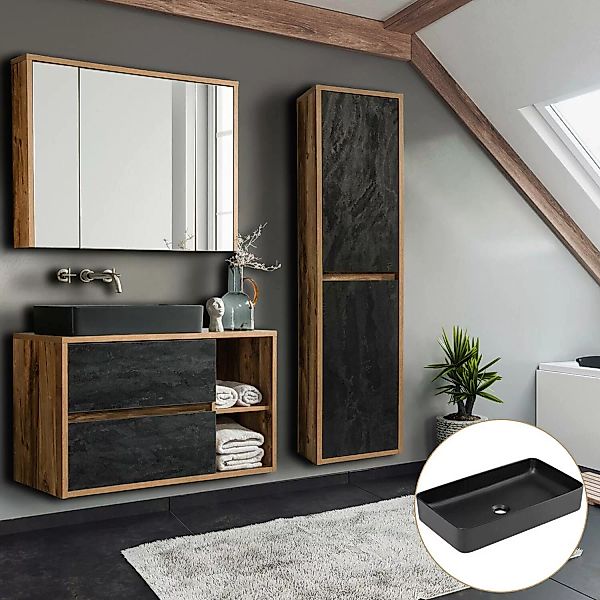 Badmöbel Set 3-teilig mit Keramik-Waschtisch HARLOW-56 Eiche mit Beton-Dunk günstig online kaufen