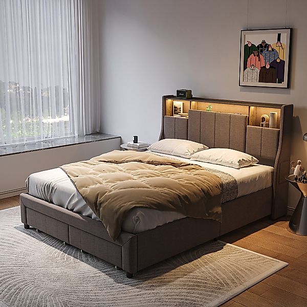 PXloue Polsterbett LED Doppelbett Stauraumbett, Ladefunktion, günstig online kaufen