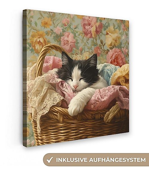 OneMillionCanvasses® Leinwandbild Katze - Blumendruck - Weidenkorb, Fotodru günstig online kaufen