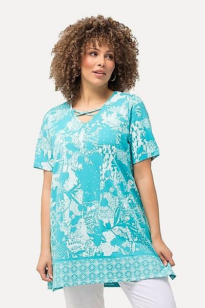 Ulla Popken Longshirt T-Shirt Patchdruck Zierbänder V-Ausschnitt Halbarm günstig online kaufen