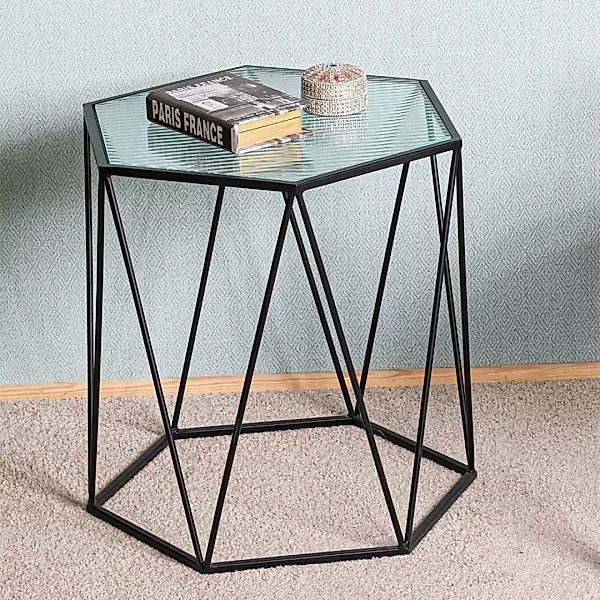 Beistelltisch mit Strukturglasplatte -Riffelglas Metall Hexagon Gestell günstig online kaufen