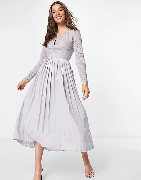 Little Mistress – Skater-Kleid in Grau mit plissiertem Rock, Spitze und Sch günstig online kaufen