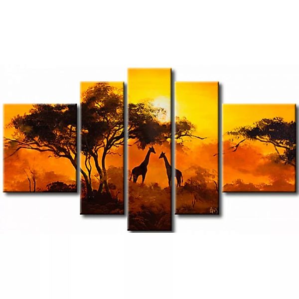 Leinwandbild Romantischer Sonnenuntergang - zwei Giraffen auf floralem Hint günstig online kaufen