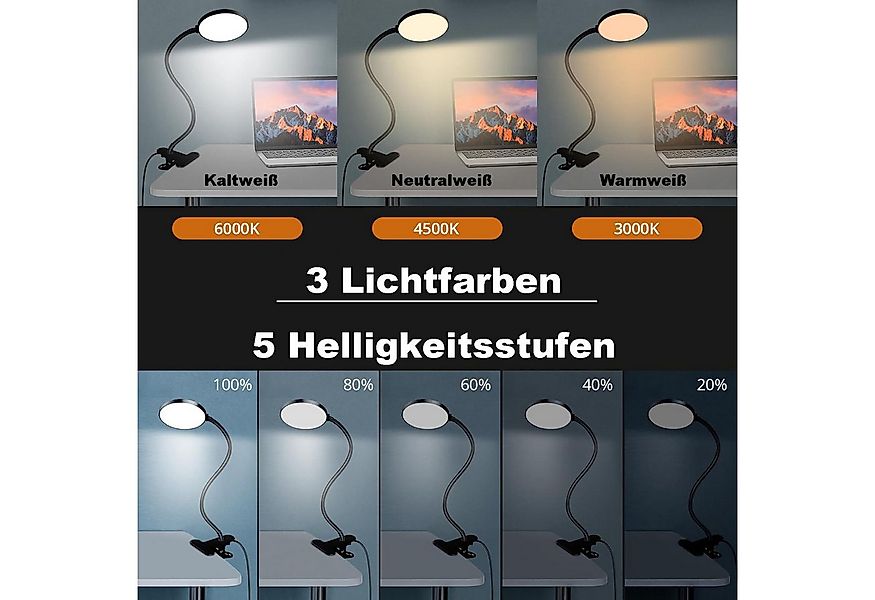 Rosnek LED Leselampe LED Klemmleuchte Dimmbar 3 Lichtfarben, Schreibtischla günstig online kaufen