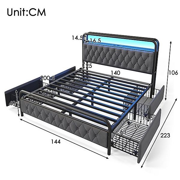 HAUSS SPOLE Polsterbett 140×200 mit Ladefunktion, LED, 4 Schubladen, mit Ma günstig online kaufen