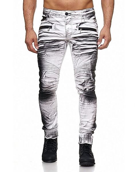 KINGZ Slim-fit-Jeans Herren Slim Fit Designer Bikerjeans Batik-Look White B günstig online kaufen