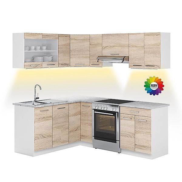 Vicco Rick Eckküche Weiß/Sonoma 207 cm AP Marmor mit LED-LeistenRick ohne E günstig online kaufen