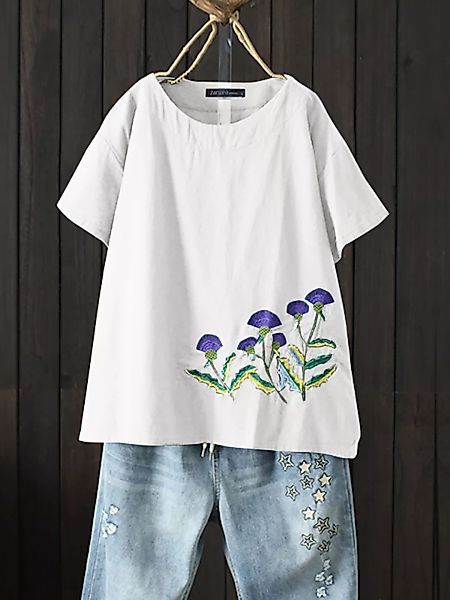 Damen Stickerei Kurzarm T-Shirt mit Rundhalsausschnitt und Rundhalsausschni günstig online kaufen