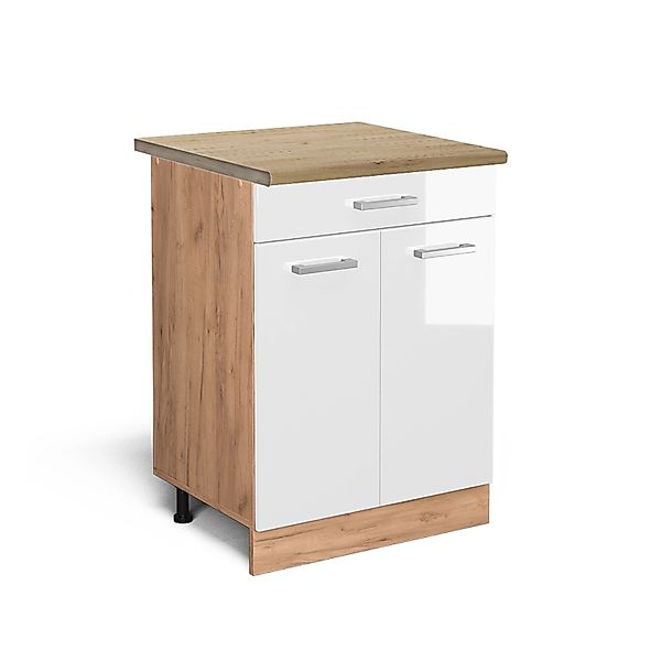 Vicco Küchenunterschrank R-Line Weiß Hochglanz/Goldkraft Eiche 60 cm mit Sc günstig online kaufen