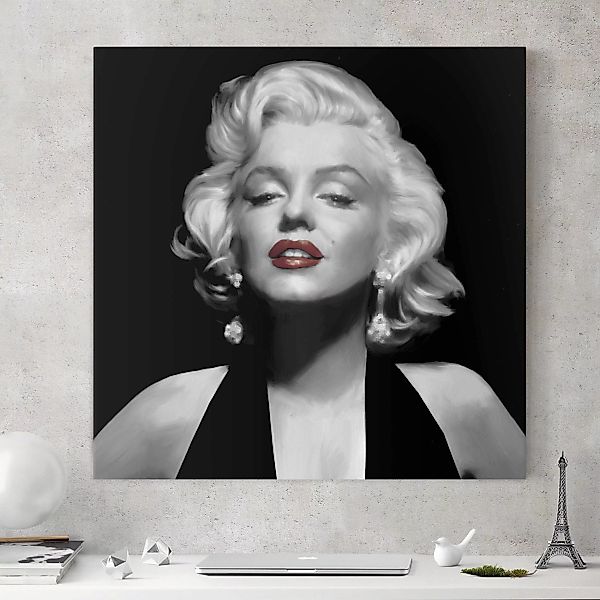 Leinwandbild Schwarz-Weiß - Quadrat Marilyn mit roten Lippen günstig online kaufen