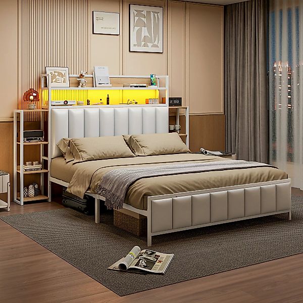 Flieks Metallbett, LED Kunstleder-Polsterbett Doppelbett 140x200cm günstig online kaufen