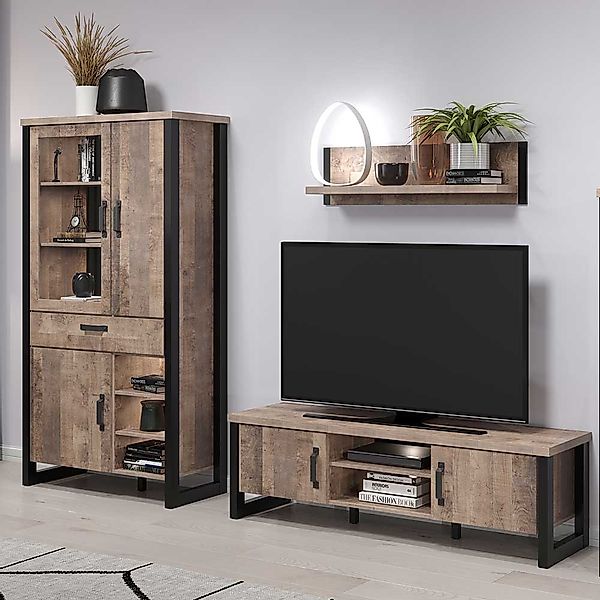 Wohnzimmer Anbauwand Industriestil in Eiche dunkel Schwarz (dreiteilig) günstig online kaufen