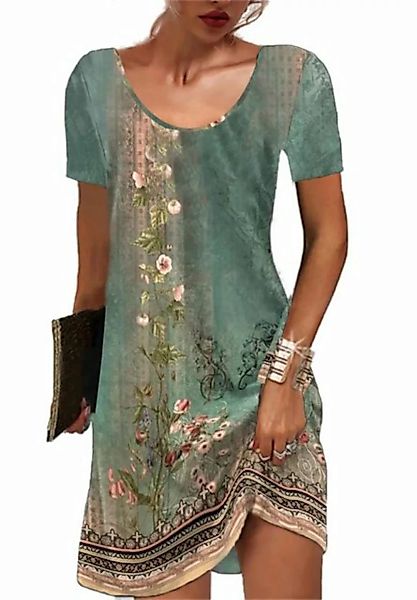 Opspring Minikleid Damen Kurzarm Rundhals Kleid Bohemian Blumen Sommerkleid günstig online kaufen