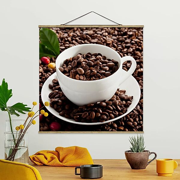 Stoffbild Küche mit Posterleisten - Quadrat Kaffeetasse mit gerösteten Kaff günstig online kaufen