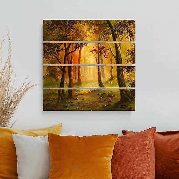 Holzbild Plankenoptik Natur & Landschaft - Quadrat Gemälde einer Waldlichtu günstig online kaufen