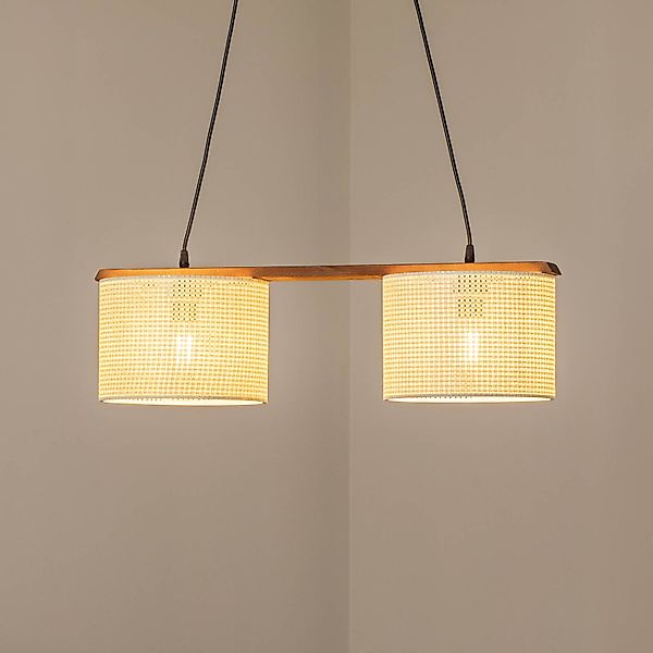 Hängeleuchte Zigana, weiß gemustert, 2-flammig, Stoff, Holz günstig online kaufen