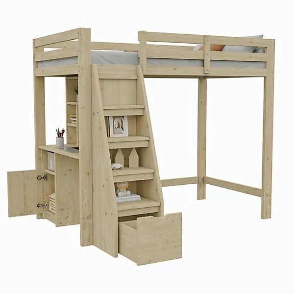 Flieks Hochbett Kinderbett Einzelbett 90x200cm mit Stauraum-Treppe und Schr günstig online kaufen