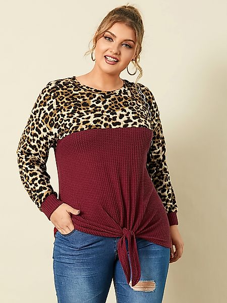 YOINS Plus Größe Rundhals-Pullover mit Leopardenmuster und lange Ärmeln günstig online kaufen