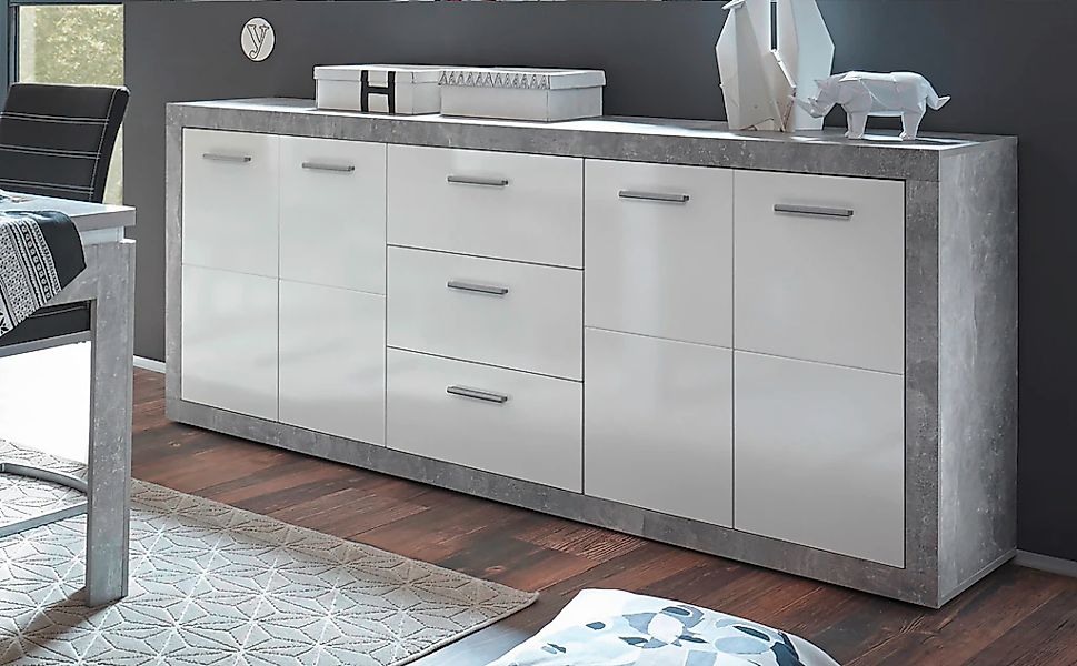 HBZ Sideboard "Stone weiß Hochglanz, Wohnzimmerschrank BxHxT 206x90x45 cm" günstig online kaufen