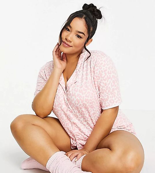 Missguided Plus – Kurzes Pyjama-Set in Rosa mit Leopardenmuster günstig online kaufen