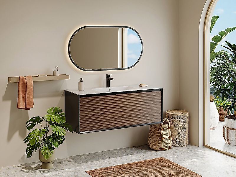 Waschbeckenunterschrank hängend - Streifenoptik - Holzfarben dunkel & Schwa günstig online kaufen