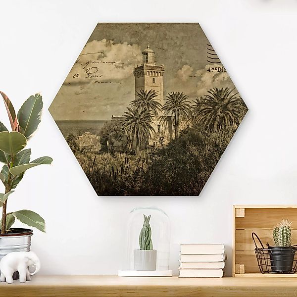 Hexagon-Holzbild Vintage Postkarte mit Leuchtturm und Palmen günstig online kaufen