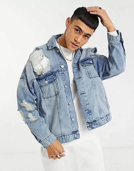ASOS DESIGN – Oversize-Jeansjacke mit Zierrissen in verwaschenem Mittelblau günstig online kaufen