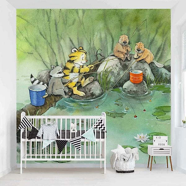 Bilderwelten Kindertapete Kleiner Tiger - Beim Angeln blau Gr. 192 x 192 günstig online kaufen